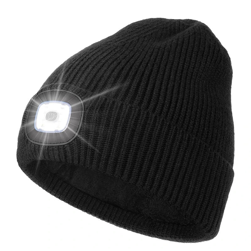 Unisex Beanie Fleece Lined LED Beanie with Light and USB Rechargeable Hands Free LED Headlamp Hat, Knitted Night Light Beanie Cap Flashlight Hat