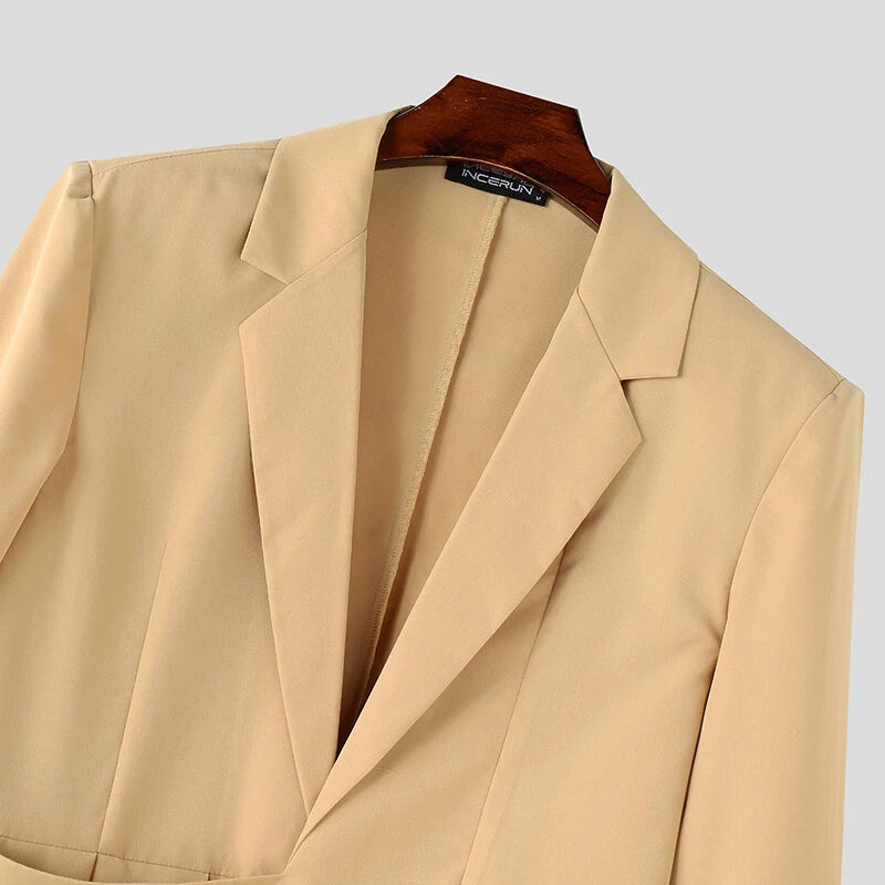 INCERUN Mens Asymmetrical Hem Long-Sleeve Blazer Fashion Solid Color Design Party Casual Blazer for Male S 5XL