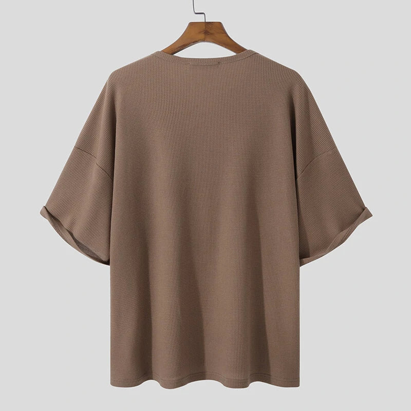 INCERUN Mens T Shirts Textured Waffle Loose Top Solid Color Casual Short Sleeve T-Shirts