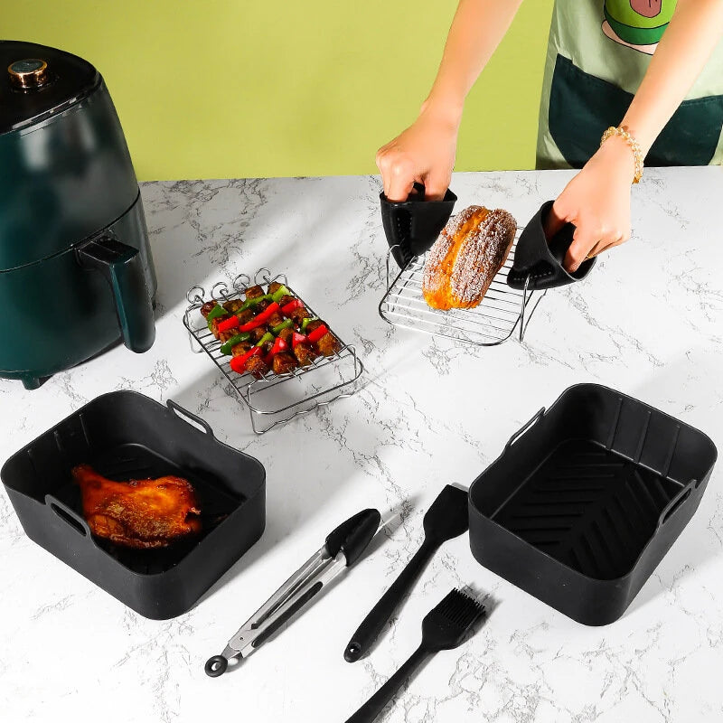 Silicone Air Fryer Accessory Set 8 Inch Silicone Liner Basket with Gloves Grill Brush Reusable Oven Accessory Air Fryer Liner for 8 to 10 QT Ovens Microwave Accessory