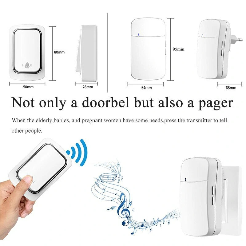 1 to 1 Home Wireless Doorbell IP68 Waterproof 38 Kinds Ringtones 4-level Volume Adjustable EU Plug Self-powered Button Music Doorbell