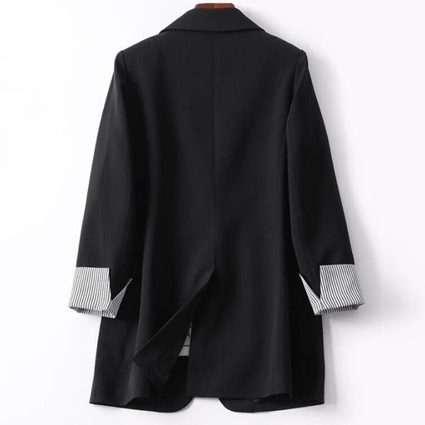 ZANZEA Plus Size Women's Stripe Panel Long Sleeve Button Front Lapel Blazer with No Pockets