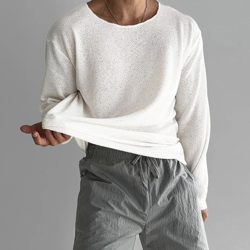 INCERUN Men's Casual T Shirt Loose Long Sleeve Crew Neck T-shirt Fashion Solid Color Breathable Perspective Male Shirts S-5XL