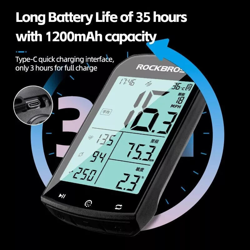 ROCKBROS M1 GPS Bicycle Computer 5.0 ANT Bluetooth Waterproof Wireless Bike Speedometer Bicycle Odometer Stopwatch Bike Accessories for MTB Road Cycle/City Bike