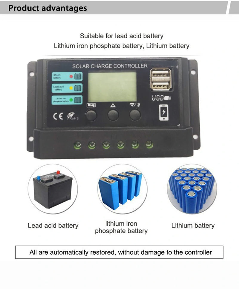 12V 24V 10A 20A 30A 40A 50A PWM Solar Charge Controller LCD Display