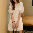 VONDA Womens Casual Round Neck Shirt Dress Puff Sleeve Short Dress A Line Solid Tunic Mini Dresses Plus Size