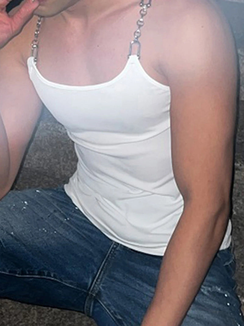 INCERUN Men Tank Top Fashion Metal Chain Sling Tanks Summer Sold Color Vest Casual Sleeveless Male Top