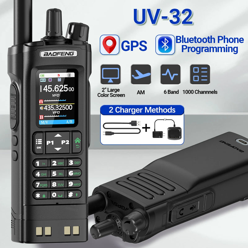 Baofeng UV32 GPS 10W Long Range Walkie Talkie bluetooth Phone APP Programming Multi-band Wireless Copy Frequency 1000CH 10 NOAA Type-C Two-way Radio