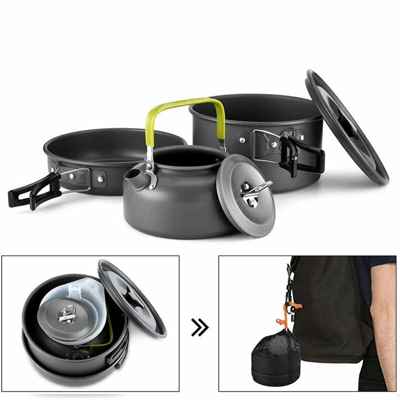 2~3 Person Camping Tableware Aluminum Nonstick Cookware Outdoor Cooking Pan Supplies Kettle Pot Pan Bowl Hiking Trip Picnic