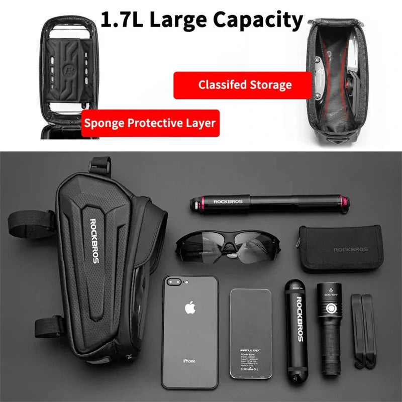 ROCKBROS Bicycle Bag 1.7L Frame Front Tube Cycling Bike Phone Mount Bag Waterproof Phone Case Holder 6.8 Inches Touchscreen Bag Accessories