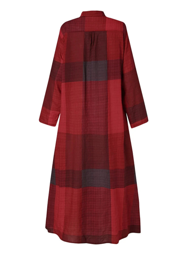 Women Casual Plaid Lapel Long Sleeve Button Vintage Shirt Maxi Dresses With Pocket