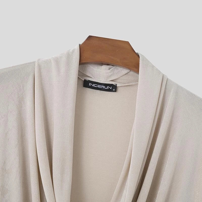 INCERUN Mens French Elegance Draped Neck Shirt Fashion High Elastic Solid Color Long Sleeve Top for Men