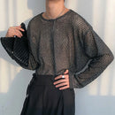 INCERUN Mens T-shirt Hollow Out Loose Fit Tee Fashion Casual Black T Shirt Summer Comfy Round Neck Long Sleeve Top