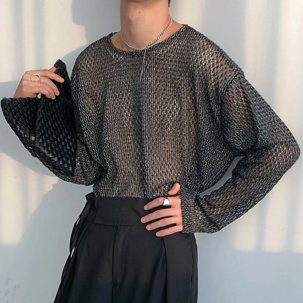 INCERUN Mens T-shirt Hollow Out Loose Fit Tee Fashion Casual Black T Shirt Summer Comfy Round Neck Long Sleeve Top