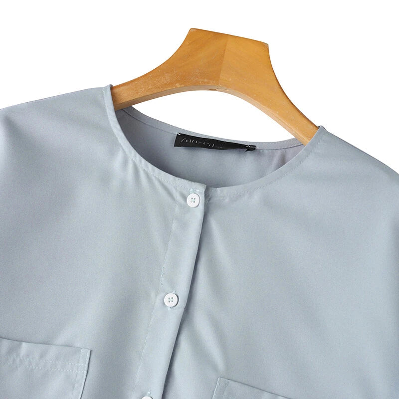ZANZEA Womens Daily Casual Crew Neck Puff Sleeve Shirts Office Lady Button Up Solid Blouses with Pockets