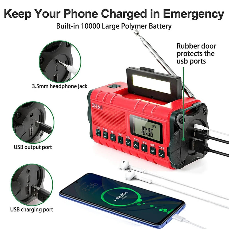 Portable Solar Hand Crank Radio AM FM NOAA Weather USB 10000mAh Charging LED Flashlight Power Bank Aste Lamp
