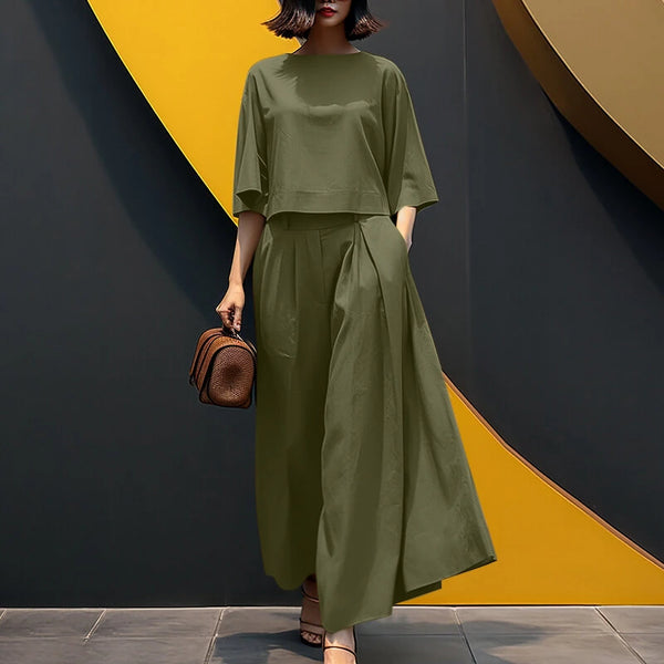 ZANZEA Women Two-piece Outfits 3/4 Sleeve O-Neck Top Elastic Waist Pleated Wide Leg Pants Sets