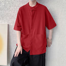 INCERUN Men Cotton Linen Half Sleeve Shirt Solid Color Comfy Loose Fit Casual Stand Collar Top for Men Plus Size Spring Fall