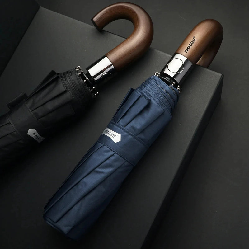 Automatic 10-Rib Wooden Curved Handle Automatic Umbrella 10K Automatic Folding Umbrella Rain Wind Resistant Umbrella Men Women UV Sun Protection Wooden Handle Umbrella