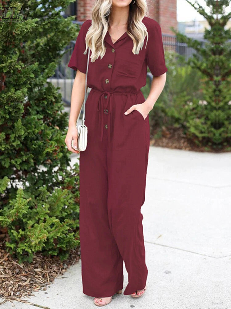 Women Button Front Camp Collar Cargo Style Short Sleeve Jumpsuits With Pocket