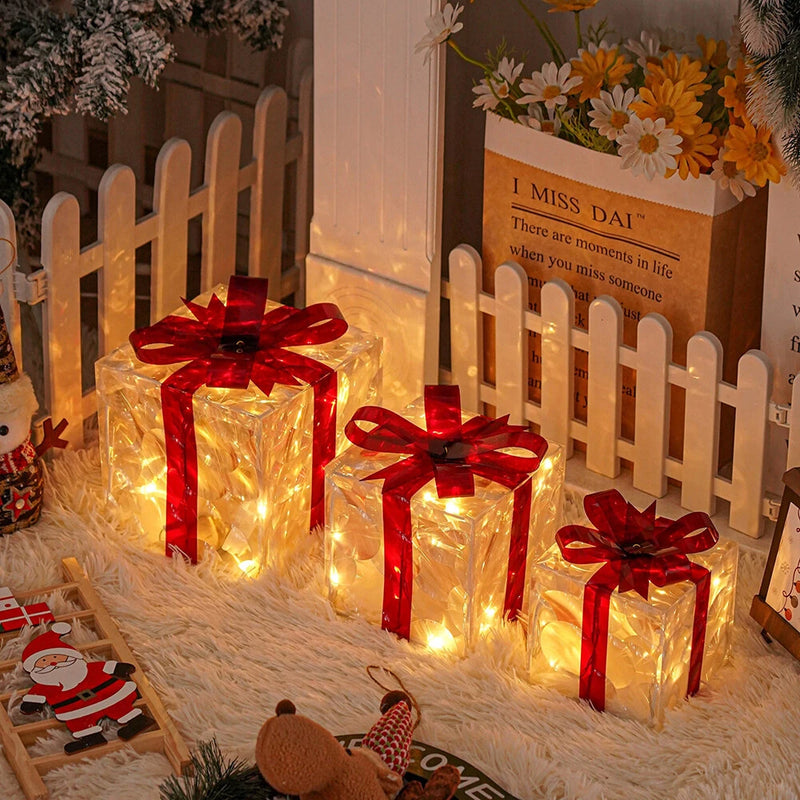 3 Sets Of Christmas Transparent Warm Light With Red Bow Christmas Gift Box LED Decorative Lights Warm Light for Christmas Tree Decorations