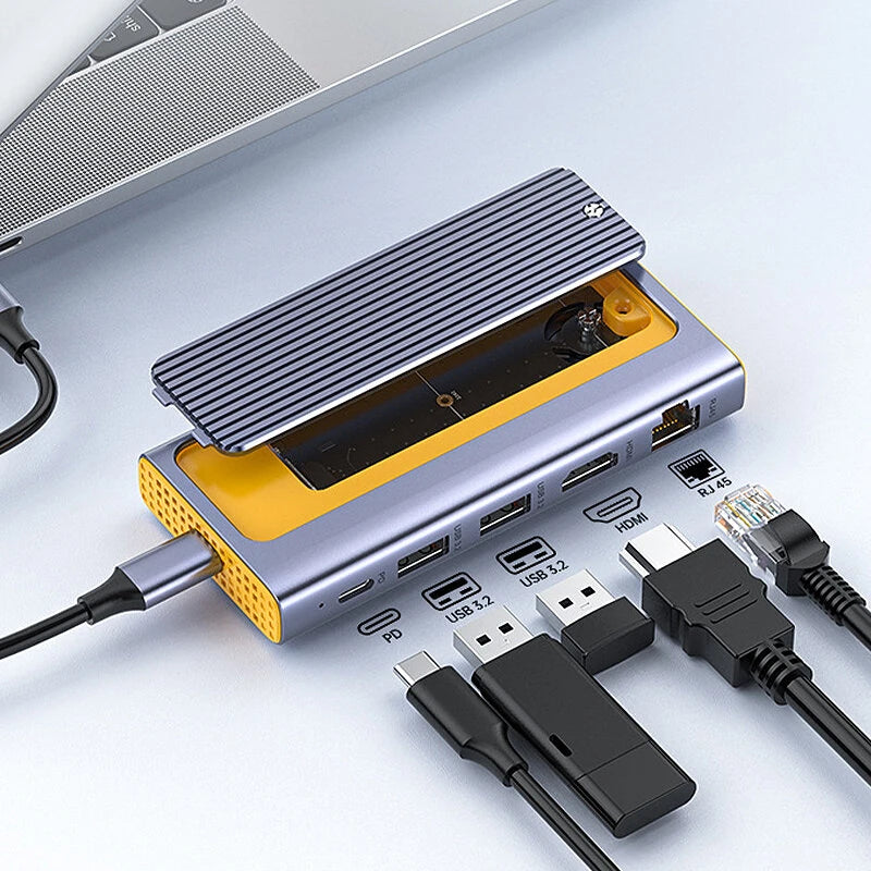 X0165 6-In-1 10Gbps Type-C Hub Docking Station with USB3.2*2 / USB-C PD100W / 4K HD / RJ45 Ethernet / M.2 NVMe&SATA SSD Case Multi-ports Splitter Adapter for Tablet Laptop Phone