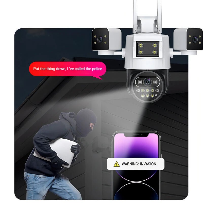 6MP WIFI IP Camera Triple Lens and View 360-Degree Panorama Night Vision Two-Way Audio Motion Detection Remote Monitoring IP66 Waterproof Outdoor Security EU Plug