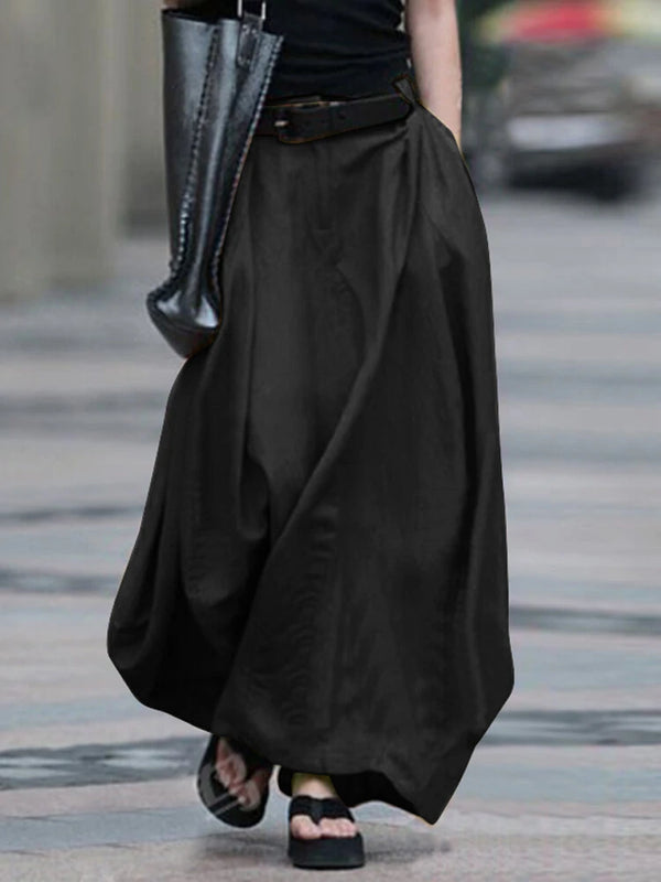 Women Cotton High Elastic Waist Side Pocket Zipper Solid Casual Skirts