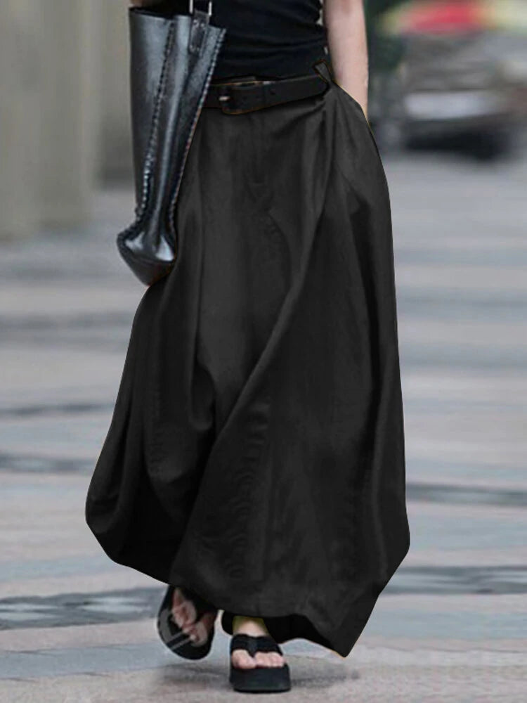 Women Cotton High Elastic Waist Side Pocket Zipper Solid Casual Skirts