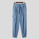 INCERUN Men Pants Tie Design Solid Color Casual Elastic Trousers Comfy Daily Solid Color Pants with Side Pockets