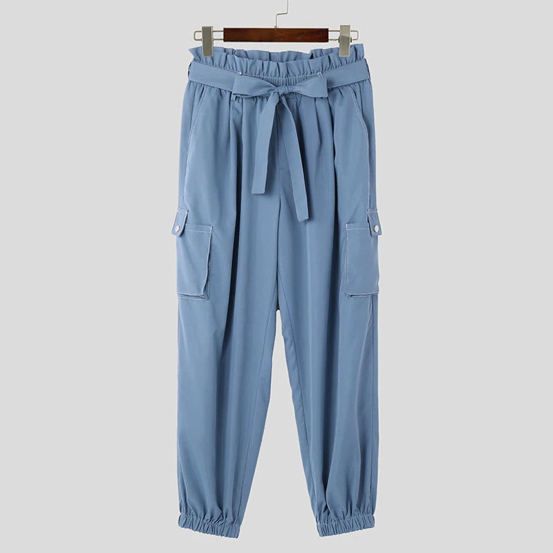 INCERUN Men Pants Tie Design Solid Color Casual Elastic Trousers Comfy Daily Solid Color Pants with Side Pockets