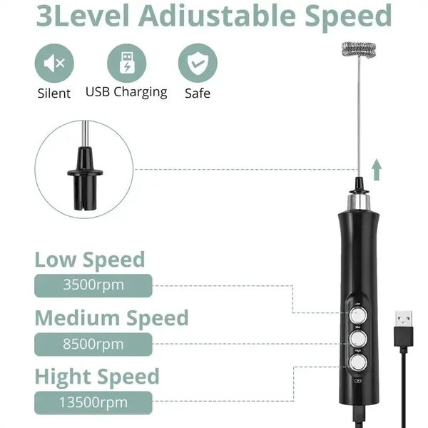 1200mAh Handheld Electric Egg Beater Coffee Milk Frother 3 Speeds Cordless Rechargeable Electric Milk Frother Handheld Foam Maker for Cappuccino Hot Chocolate