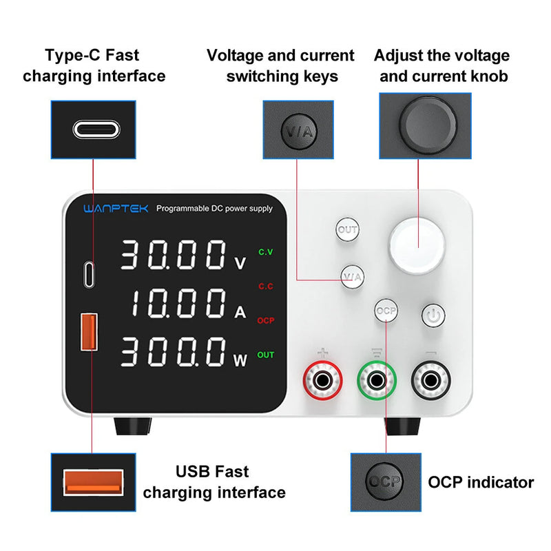 WANPTEK Lab Bench Power Supply 150W 300W 360W Laboratory Switching Power Supply Unit 30V 60V 120V 3A 5A 10A Adjustable Digital Source Voltage Stabilizer EU Plug =