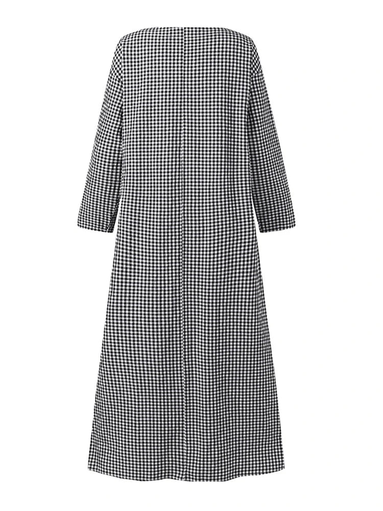 Women Casual Plaid Half Button Front Long Sleeve Maxi Dresses