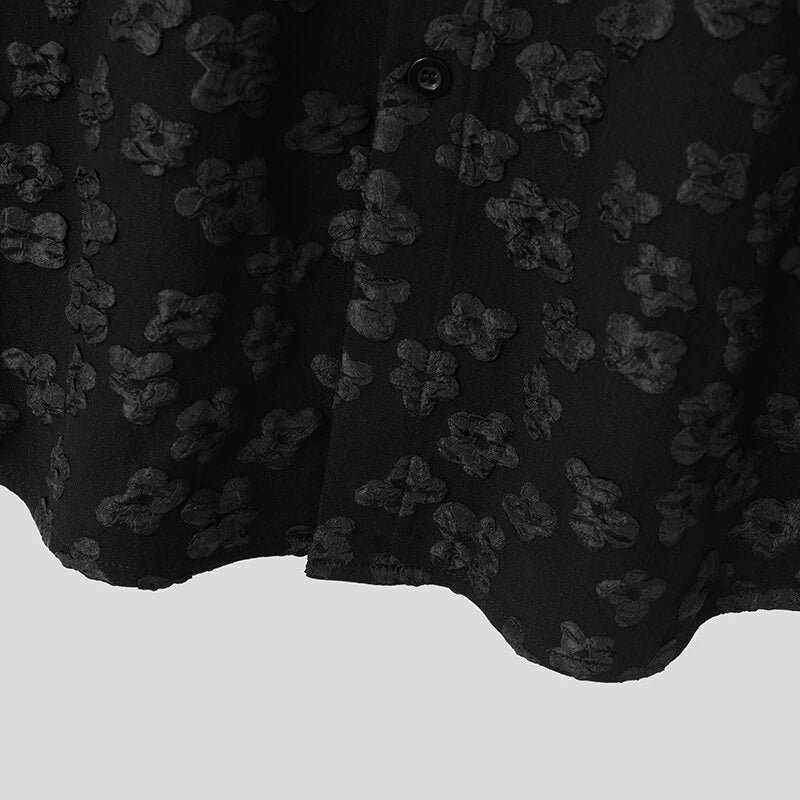 INCERUN Mens Shirt Fashion Embossed Floral Print Tops Black Short Sleeve Shirt