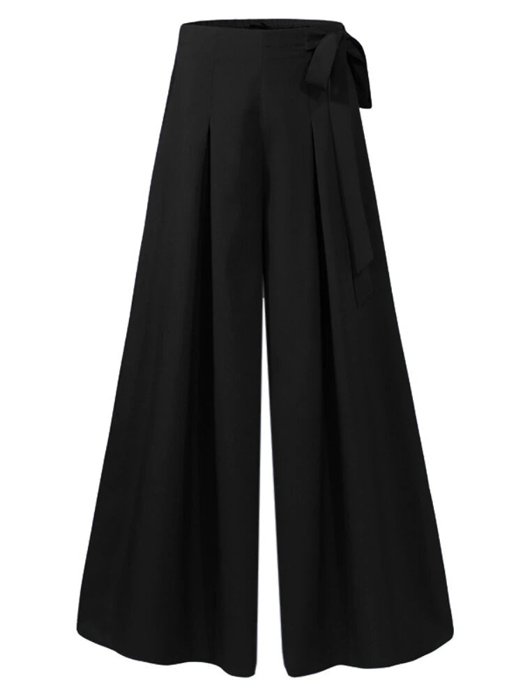 ZANZEA Women Solid Color Bowknot Pleated Loose Casual Wide Leg Pants