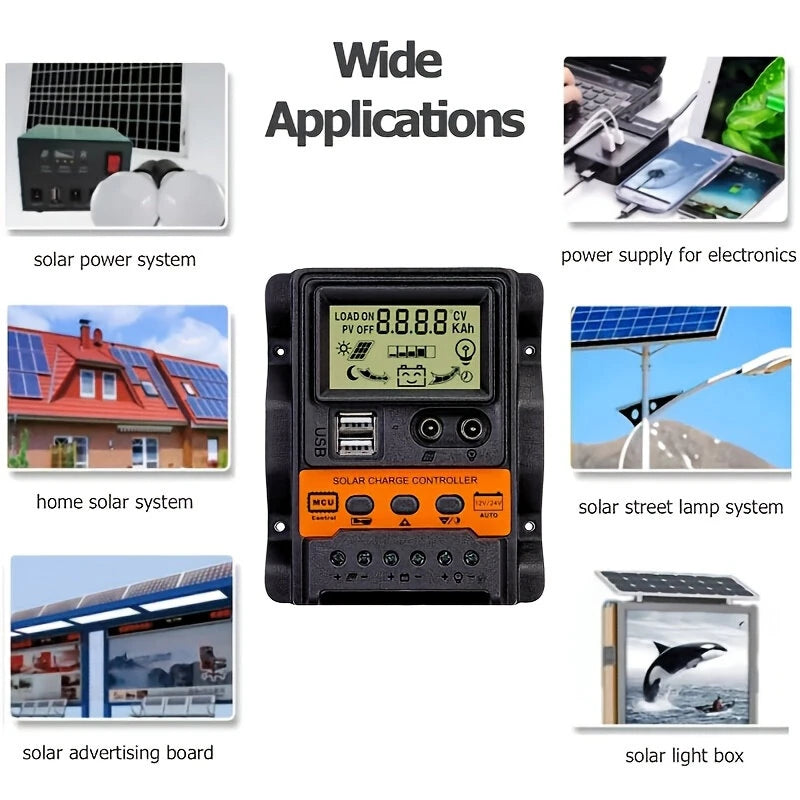 Solar Charge Controller 12V/24V Auto 100A PWM Photovoltaic Regulator Dual USB Output LCD Display Lead-Acid Lithium Batteries
