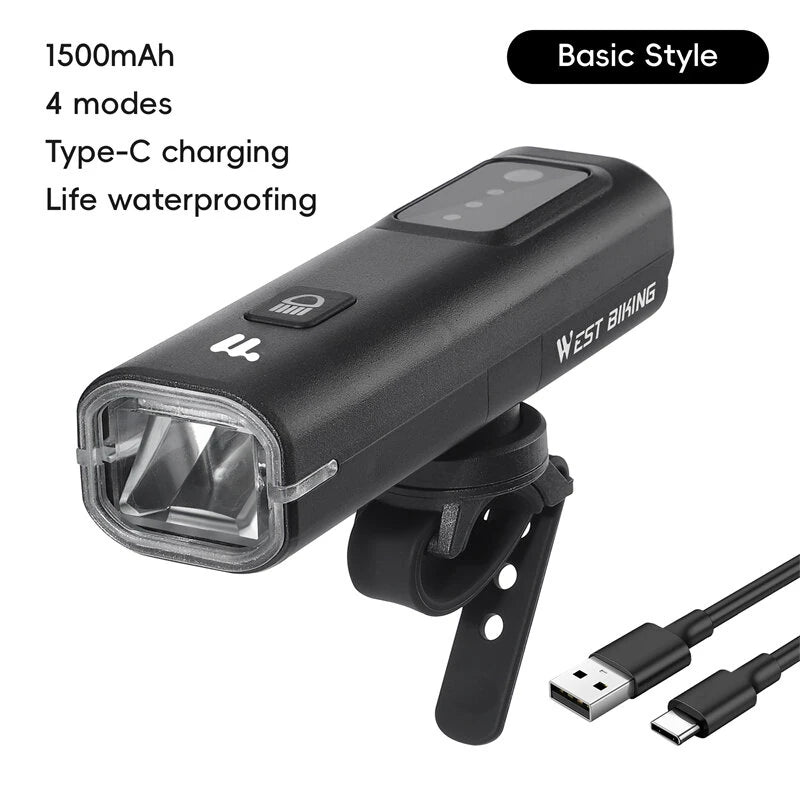 WEST BIKING Smart LED Digital Display Bike Headlight 1500mAh Battery Type-C Charging Waterproof Mini Portable Bicycle Front Light for MTB Bike Road Bike Flashlight