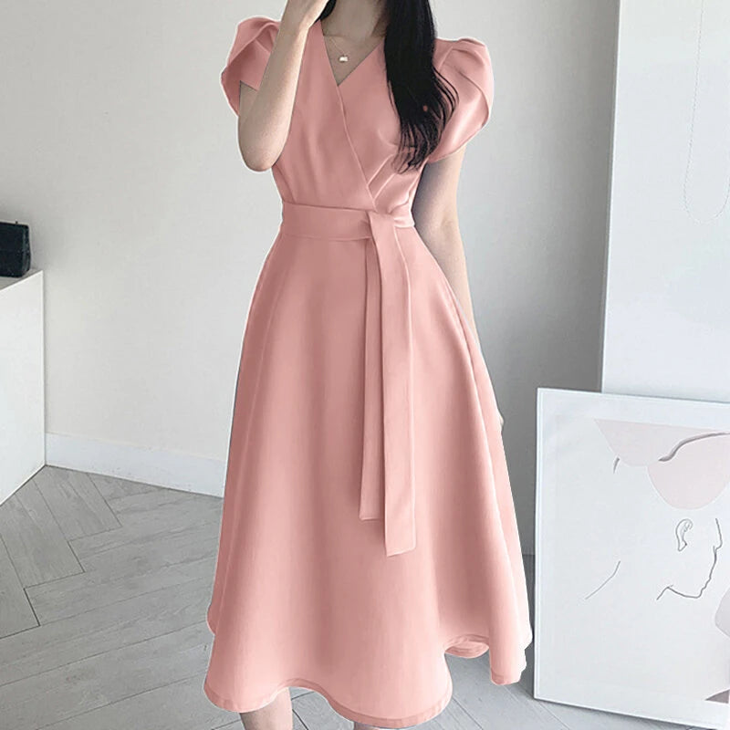 ZANZEA Womens Puff Sleeve V Neck Belted A Line Midi Dress Party Gown Long Dresses