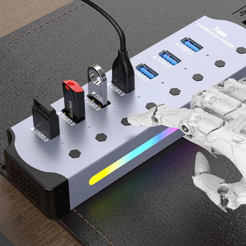 7-in-1 RGB USB 3.0 Hub Docking Station with Independent Switch Multi-ports USB Adapter with 5Gbps USB3.0*7 for PC Laptop Computer Plug and Play