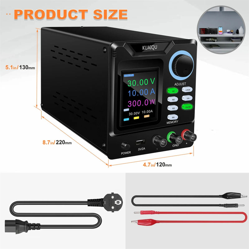 KUAIQU Programmable DC Power Supply Adjustable 305/3010/605/1203 with HD 4-Digit Color Display Precise Encoder Knobs USB Port Smart Cooling Fan