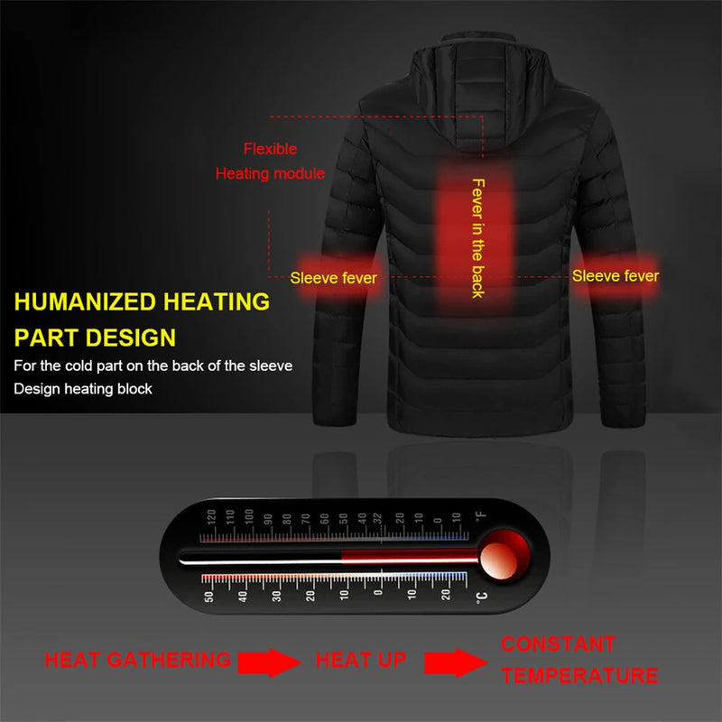 TENGOO HJ-15 Uniex Heated Jacket - 15 Heating Zones, USB Charging, Smart Thermal Warm Jacket, Motorcycle Heated Hooded Coat Outdoor Sportswear