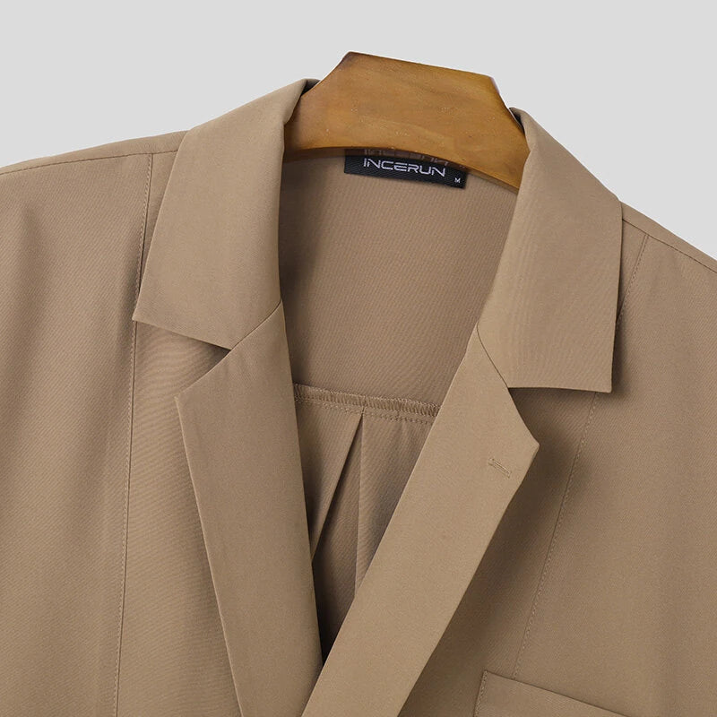 INCERUN Men's Two-piece Outfits, Suit Collar Draped Short Sleeve Shirt + Pant, Casual Comfy Loose Suits For Summer