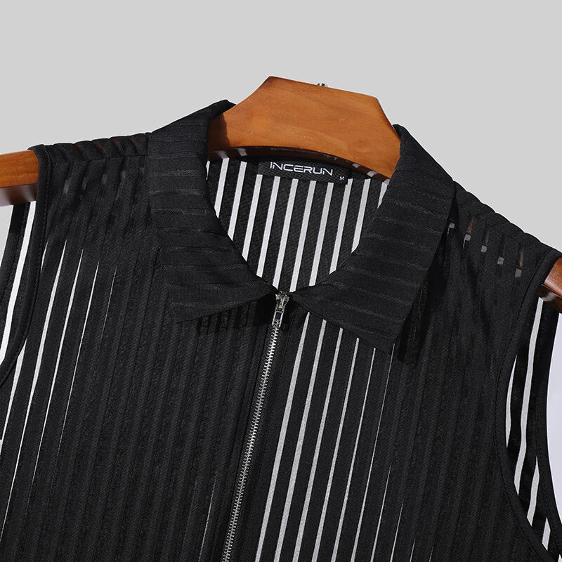 INCERUN Mens Striped See Through Lapel Collar Vest Comfortable Black Zipper Sleeveless Tank Top for Male