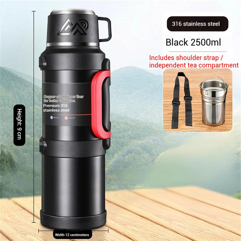 2.5L Vacuum Thermos Water Bottle 316 Stainless Steel Large Capacity Keep Warm Outdoor Travel Hiking Camping Traveling