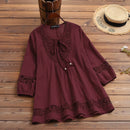 ZANZEA Women's Shirt Solid Lace Blouse Eyelet Lace Patchwork 3/4 Length Sleeve Top Summer Daily Casual Shirts
