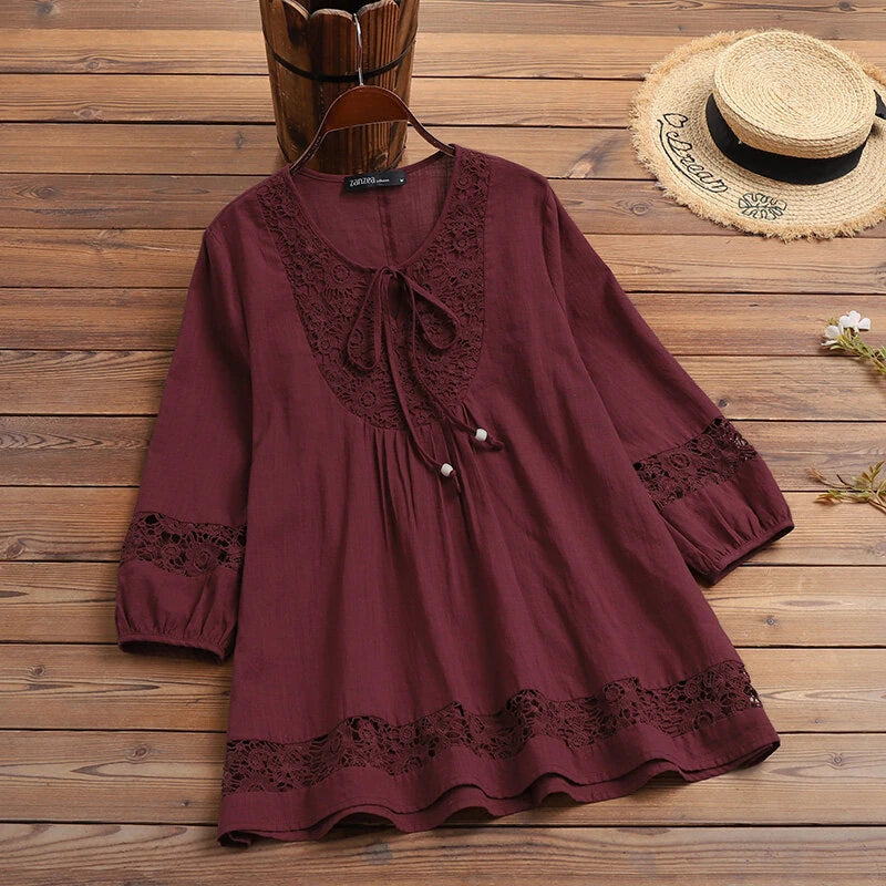 ZANZEA Women's Shirt Solid Lace Blouse Eyelet Lace Patchwork 3/4 Length Sleeve Top Summer Daily Casual Shirts