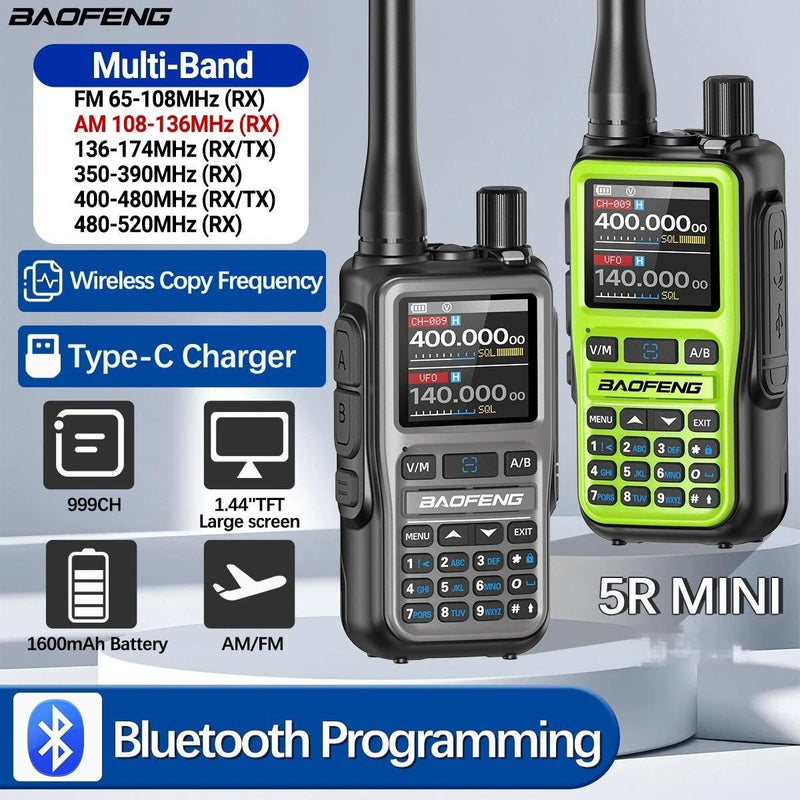 1Pcs Baofeng UV-5R Mini 5W Power Multi-Band Walkie Talkie 999 Channels bluetooth Programmable One-key Frequency Pairing Two Way Radio 1600mAh Battery with Type-C Charging for Outdoor Camping Hiking Road Trip