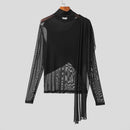 INCERUN Men Cross-Deconstructed Ribbon Design Long Sleeve Top T-shirts Fashion Solid Color See-through High Stretch Clothing for Men