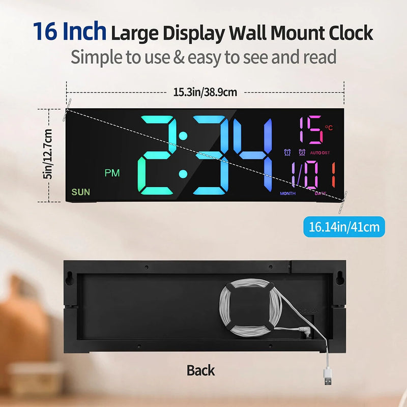 16 Inch Large LED Digital Wall Clock With Remote Control Dymamic RGB Display Automatic Brightness Date Temperature Night Light Gym Clock Suitable For Living Room Bedroom Office Wall Decoration